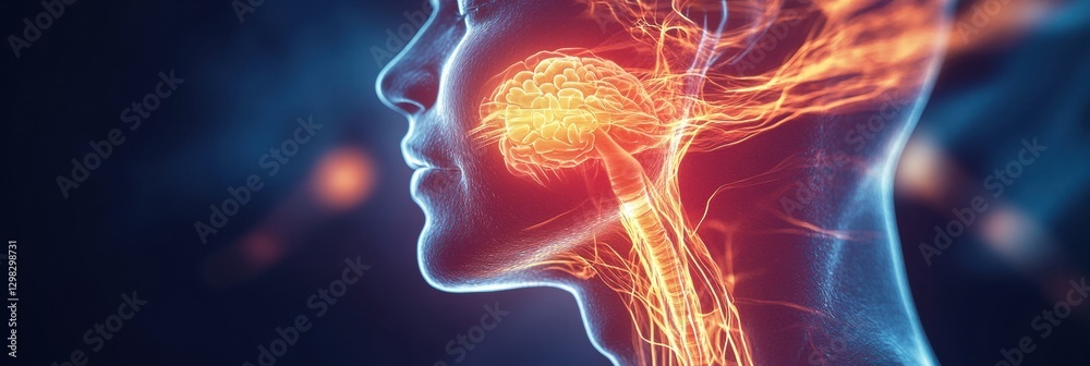 Poster visualizing the intricate connections of the human brain and nervous system during a neural activati