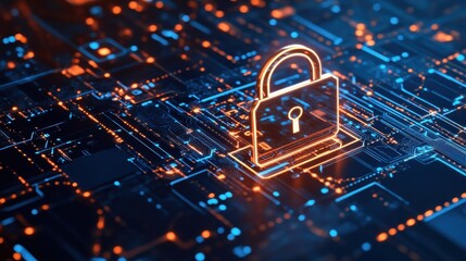 Digital Lock Symbol Over Circuit Board Background with Neon Colors