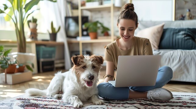 A young woman sits on the floor in a living room and uses a laptop computer while a dog sits beside her.