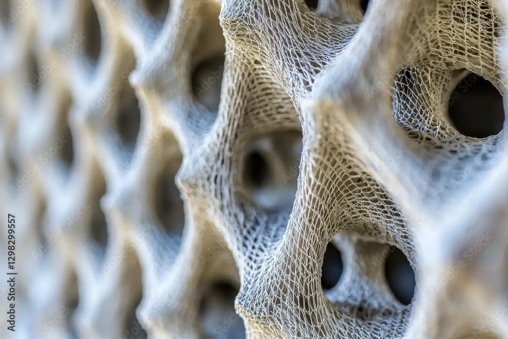Poster an abstract close-up of a porous white structure with regular, repeating patterns creating organic-l