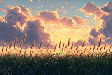 The golden cornfield under the sunset