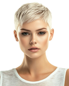 Beautiful model posing with blonde pixie cut on transparent background