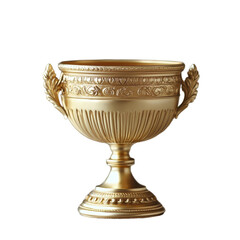 A shiny gold trophy cup with intricate details and elegant handles displayed on a reflective surface, gold trophy cup