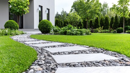 Fototapeta premium Winding stone path garden modern home landscaping design