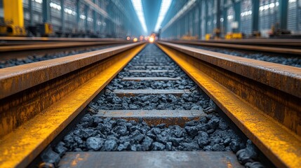 Obraz premium Rusty railway tracks receding into the distance within a large industrial building, conveying a sense of journey and potential.