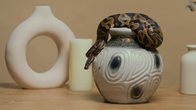 Medium close up shot of patterned ball python snake resting on ceramic vase surrounded by modern minimalist interior