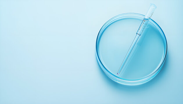 Glass pipette and petri dish with liquid on light blue background, closeup