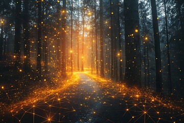Minimalist forest trail geometric leaves and glowing light beams