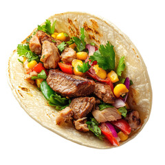 A floating taco with steak, chicken, and vegetables, isolated on a transparent background,