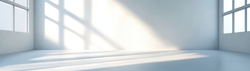 The spacious room features a pristine white floor that reflects natural light, complemented by a large window showcasing a scenic view of lush greenery outside.