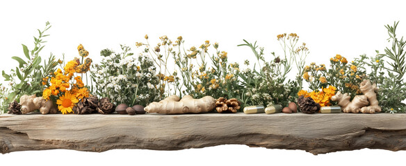 vibrant composition of herbs, flowers, and natural elements arranged on rustic wooden log, showcasing beauty of nature and wellness