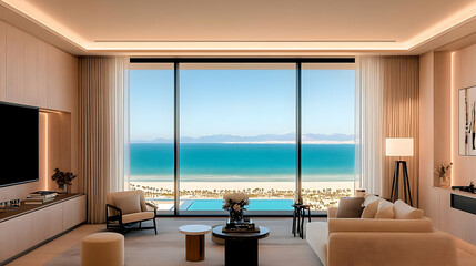 Ocean View Living Room 3D Render