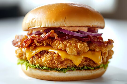 crispy chicken burger with cheese and vegetables on a white background