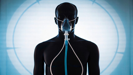 Silhouette of a Medical Training Dummy with Oxygen Mask in a Clinical Setting