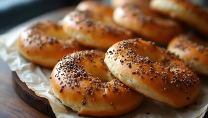 &ldquo;Family breakfast: homemade sesame bagels, traditional china, ottoman style morning table, texture of linen tablecloth, soft side light&rdquo;