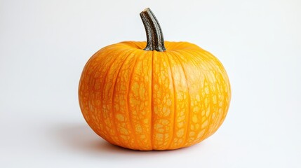 Obraz premium A vibrant, small orange pumpkin rests on a clean, white surface, showcasing its smooth skin and round shape, with subtle shadows adding depth to the scene.