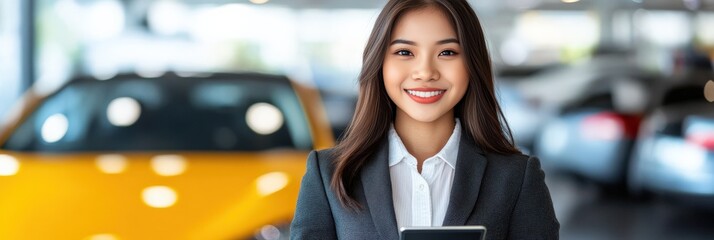 Smiling Asian Female Sales Representative in Business Attire Holding a Tablet in a Car Dealership Surrounded by Vehicles