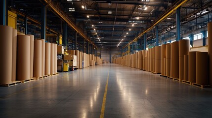 Obraz premium Vast Warehouse Interior Showcasing Industrial Storage of Large Cardboard Rolls in a Well-Lit Space