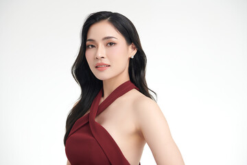 Fototapeta premium Beautiful young asian woman with clean fresh skin on white background, Face care, Facial treatment, Cosmetology, beauty and spa, Asian women portrait.