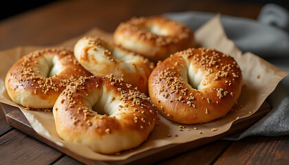&ldquo;Family breakfast: homemade sesame bagels, traditional china, ottoman style morning table, texture of linen tablecloth, soft side light&rdquo;