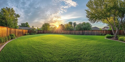 Obraz premium Scenic Sunset Over Lush Green Lawn in Residential Backyard