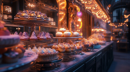  festive pastry display in cozy winter bakery shop food warm cakes sweet light sugar tasty golden