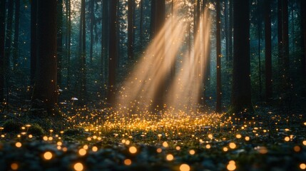 Naklejka premium A night forest filled with glowing mushrooms, scattered across the forest floor. Beams of magical light pierce through the canopy, as mist rises between the trees, creating a mystical atmosphere.