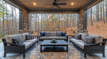 Rustic Porch Seating Area with Autumn View