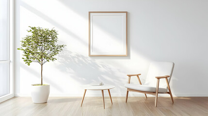 Minimalist Interior Design Featuring Empty White Wall with Wooden Frame and Sunlight Casting Shadows