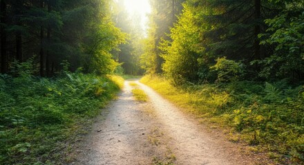 Obraz premium Sunny forest path with green foliage and trees in morning light