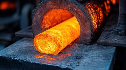 Glowing hot metal rod emerges from a forge, showcasing the intense heat and industrial process.