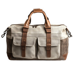 A light gray canvas and leather travel duffel bag with brown straps, on transparent background,