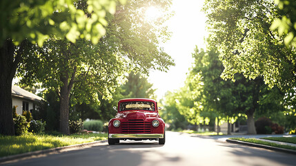 Obraz premium Red Classic Truck Driving On Road Through Green Trees In Sunlight