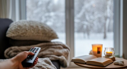Cozy indoor winter scene with remote, candle, and book by snowy window