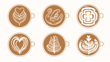 Hand drawn Set of Latte art Coffee , Including Tulip, Heart, Swan, Rosetta. Doodle latte art vector illustration isolated on white background.