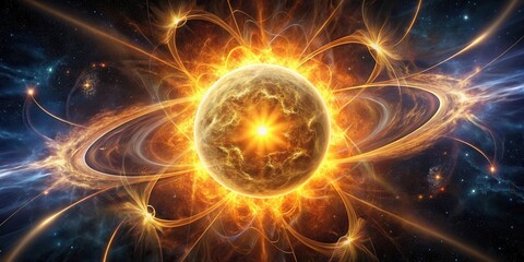 A celestial body's fiery core radiates intense energy, cosmic rays burst outwards, illuminating the dark expanse of space with brilliant golden light and swirling nebulae.
