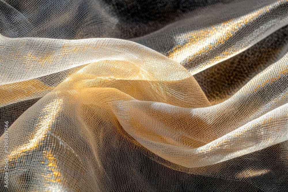 Poster golden and silver sheer fabric with metallic threads creating a luxurious shimmering texture, elegan