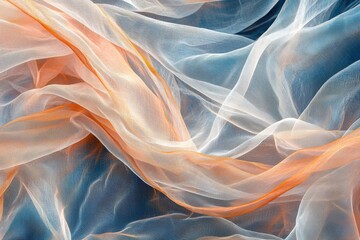 Fototapeta premium Delicate and flowing translucent fabric with soft orange and blue hues creating an elegant and airy texture with gentle curves and subtle gradients.