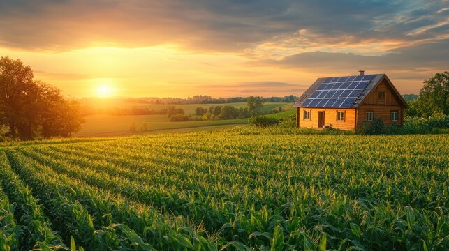 renewable energy at agriculture farm concept [icture of corn or maize plantation field with solar panels on roof of the farm cottage farmland.	