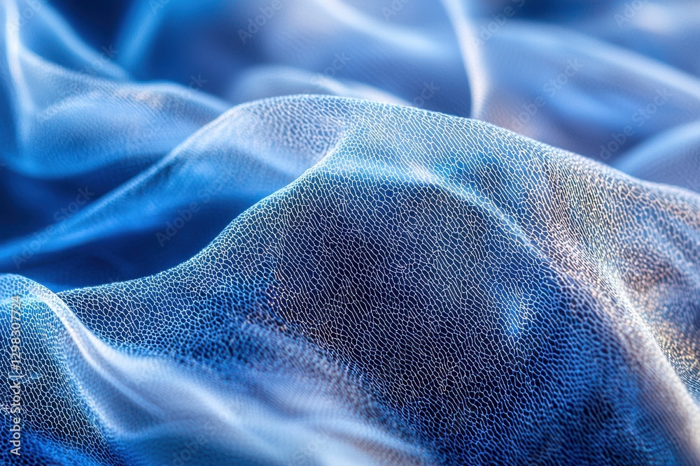 Poster abstract blue fabric texture with a delicate netting pattern creating a soft, wavy, and flowing surf