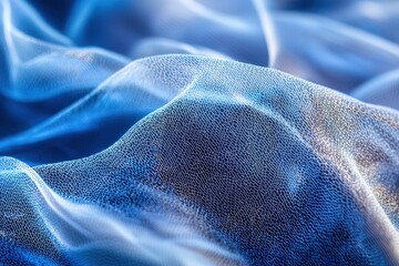 Abstract blue fabric texture with a delicate netting pattern creating a soft, wavy, and flowing surface, emphasizing depth and subtle light gradients.