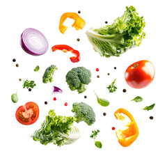 A variety of vegetables floating in the air, including lettuce leaves and sliced tomatoes, green limes, red onion slices, yellow peppers, broccoli florets, all isolated on a transparent background,