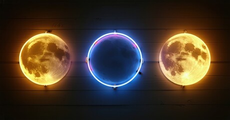 Neon sign moon phases glowing lunar cycle tarot inspired celestial details swirling cosmic energy bright colorful realistic photo