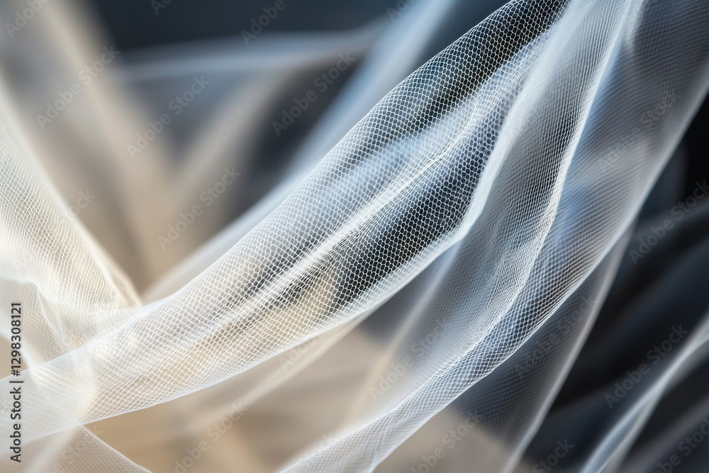 Poster intricate pattern of sheer white fabric softly draping, creating elegant folds and subtle shadows, w