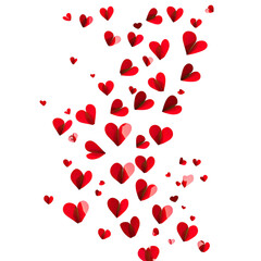 A red paper cutout of hearts falling on a transparent background,