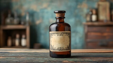 Bottle of medicine resting on a table with a soft focus background highlighting health and wellness essentials for care