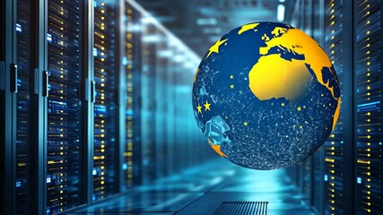 European Union flag and globe concept in a modern server room showcasing global connectivity, flag of eu and globe over server room - Powered by Adobe