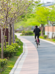 Fototapeta premium Part of a sustainable urban commuting series, this image captures a young professional cycling through a city at sunset, promoting eco-friendly transportation and healthy lifestyle choices.