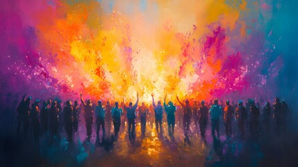 Crowd of people silhouetted against a stunning bright orange and blue sky at sunset creating a beautiful atmosphere