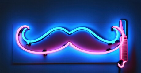 Neon sign barber s den glowing mustache classic straight razor sleek deep blue reflections bright colorful realistic photo